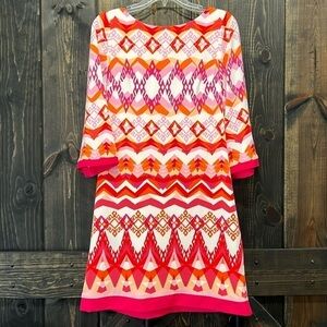 Eliza J Dress 8 Mini Shift Pink & Orange Pattern Aztec Boho Office Zipper Back